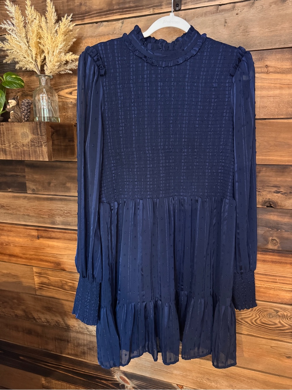 Lulus Size XL | Smocked Long Sleeve Navy Mini Dress | Romance Stretch Swiss dot